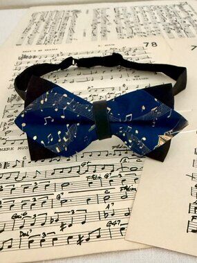Blue Bow Tie With Musical Note Print Adjustable Black Band Mens Accessories